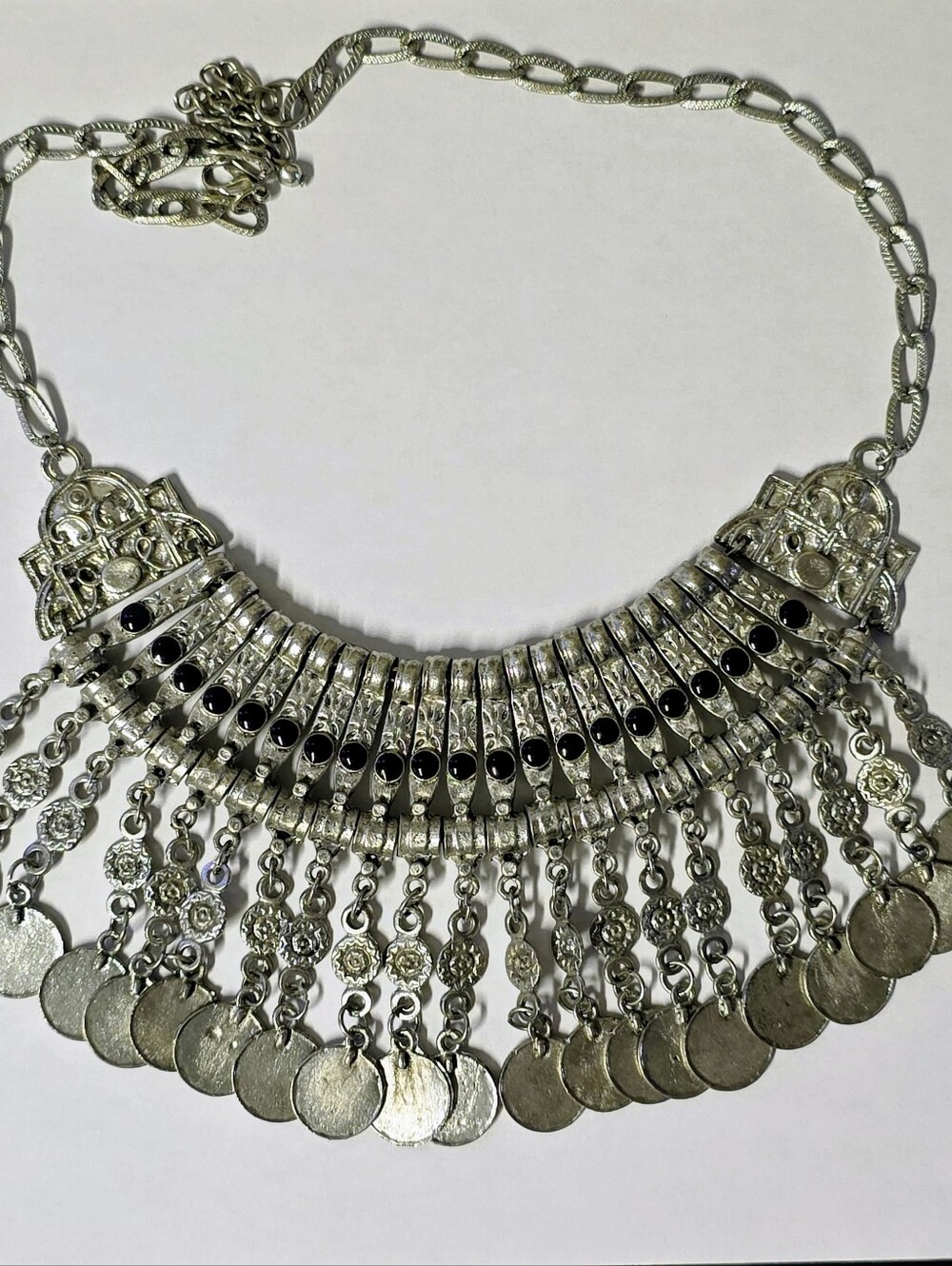 Silver Bohemian Coin Fringe Necklace